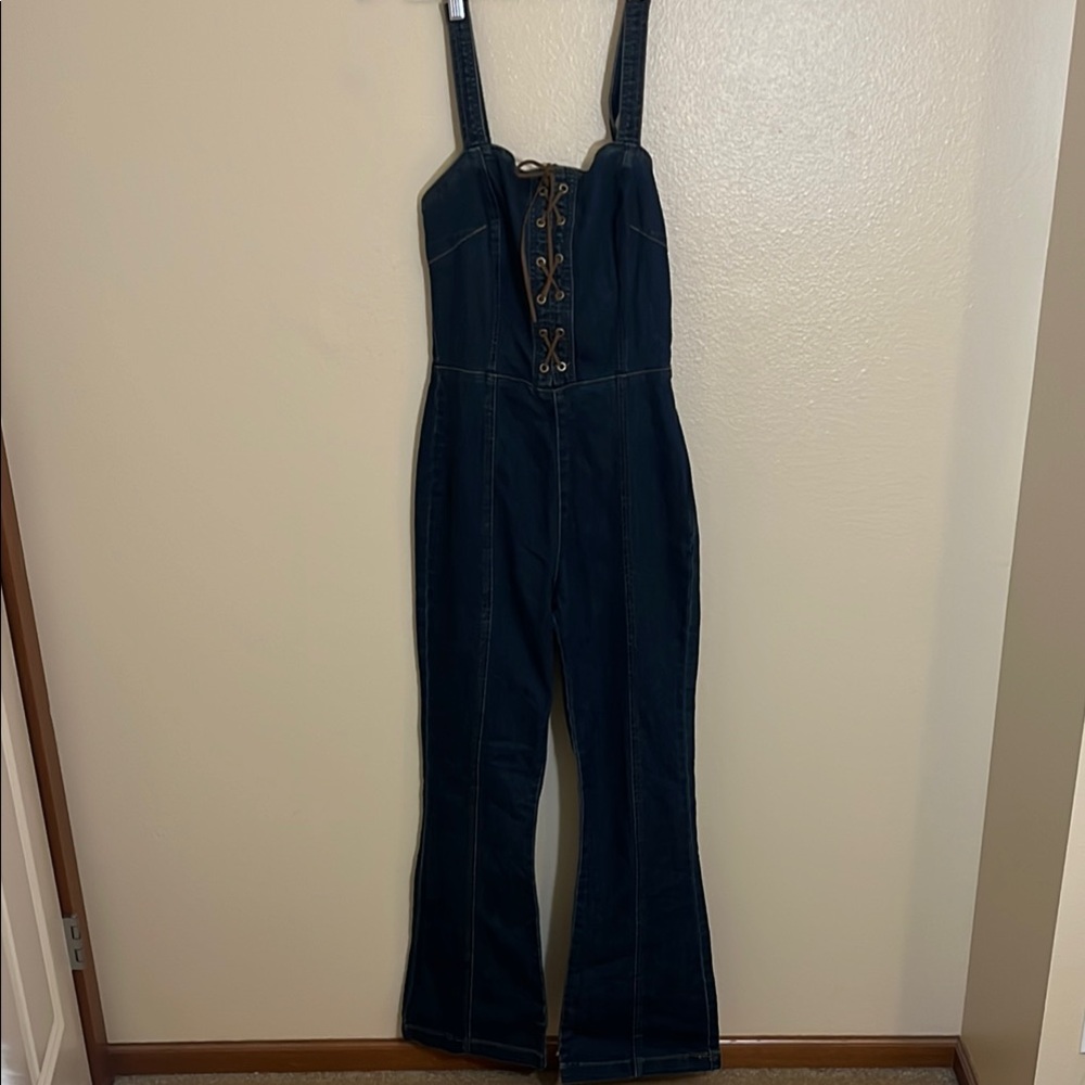 Venus Dark Blue Denim Flare Jumpsuit